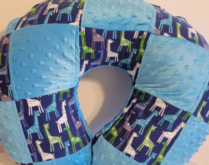 Giraffe pillow cover-nursing pillow cover-blue dimple dot minky-patchwork pillow cover-quilted pillow cover-shower gift-newborn pillow cover