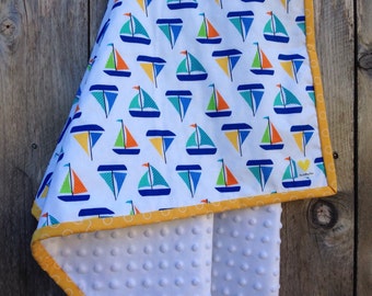 Sailboat blanket -minky baby blanket - baby shower gift - mulitcolored sailboat blanket- nursery blanket-ready to ship- dimple dot minky