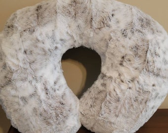 Snow Leopard Faux Fur Nursing Pillow Cover, Gray Minky Back