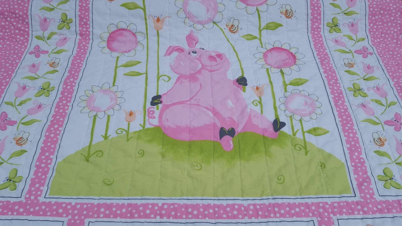 Pink pig girl quilt-Pink and lime green baby quilt-pig nursery-baby girl  shower gift-pink dimple dot minky-cotton baby quilt-pink sunflowers