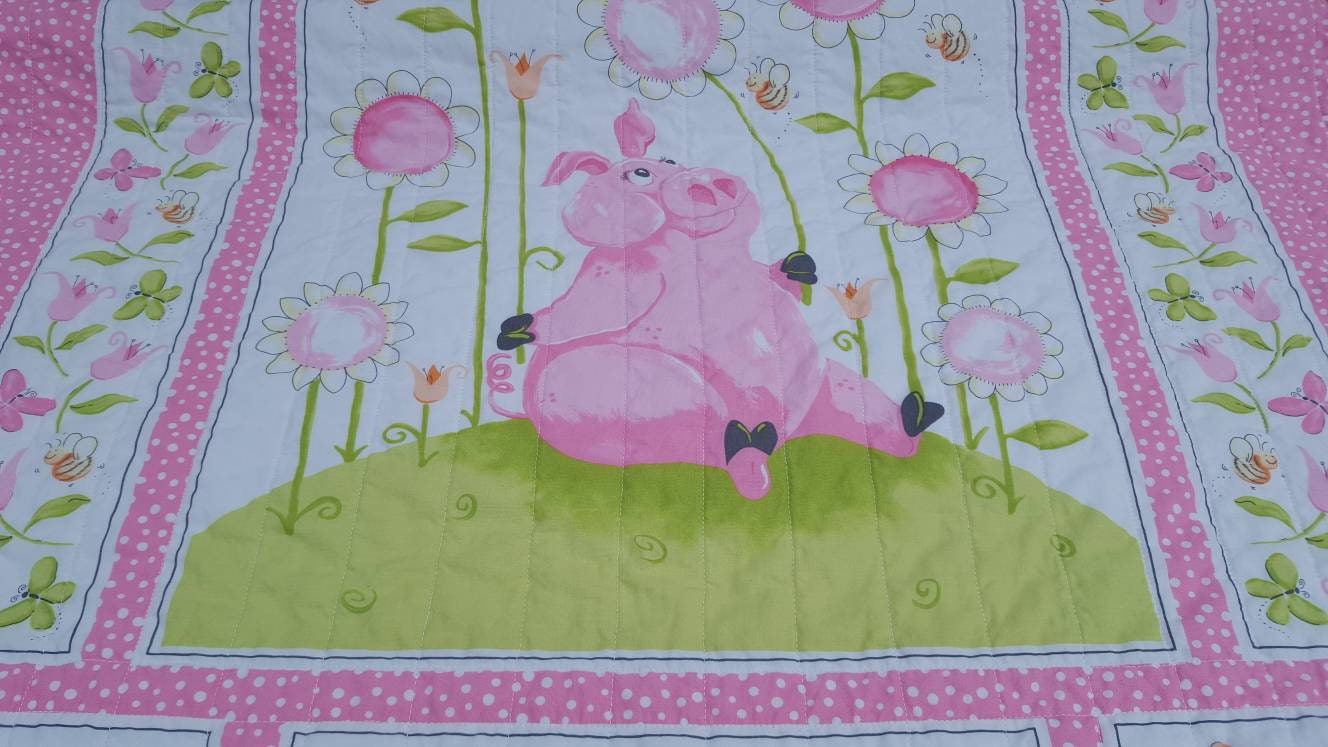 Pink pig girl quilt-Pink and lime green baby quilt-pig nursery