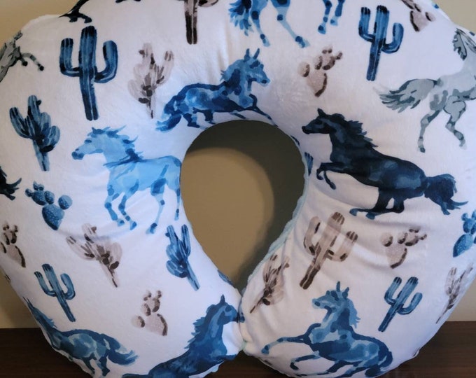 Nursing pillow cover-horse pillow cover-baby blue dimple dot minky-soft horse minky-ready to ship-pillow cover-shower gift-free shipping