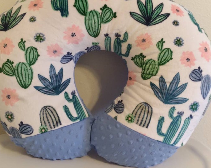 Nursing pillow cover-blue bell cactus pillow cover-cactus nursing pillow cover-minky pillow cover-blue dimple dot minky-ready to ship