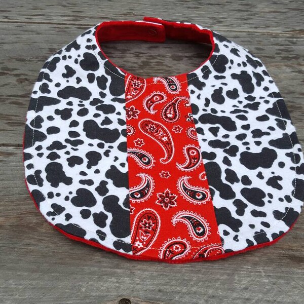 Western baby bib-black and white cow bib-shower gift-cowboy baby bib-flannel and cotton baby bib-red dimple dot minky baby bib