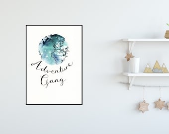 Adventure Gang Watercolour Print ++ Watercolour Print, Adventure Illustration, Adventure Art, Globe Print, Home Decor, World, Wanderlust Art