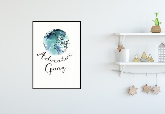Adventure Gang Watercolour Print ++ Watercolour Print, Adventure Illustration, Adventure Art, Globe Print, Home Decor, World, Wanderlust Art