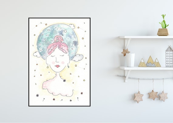 Moon Girl ++ Moon Print, Peaceful Girl Print, Colourful Print, Home Decor, New Moon Lady, Yoga Girl Print, Moon Girl Illustration
