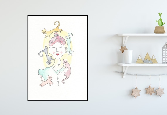 Cat Lady Print ++ Cat Print, Cat Lover Print, Colourful Print, Home Decor, Crazy Cat Lady, Colourful Cats, Cat Illustration, Wall Art