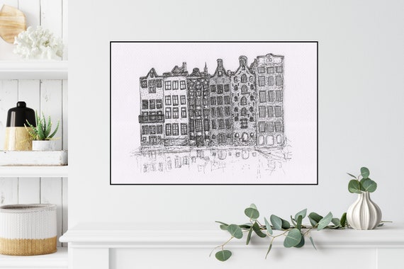 Amsterdam Print ++ Amsterdam Line Drawing, Holland, Amsterdam Illustration, Amsterdam Architecture, Amsterdam Buildings, Cute Buildings