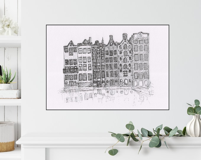 Amsterdam Print ++ Amsterdam Line Drawing, Holland, Amsterdam Illustration, Amsterdam Architecture, Amsterdam Buildings, Cute Buildings
