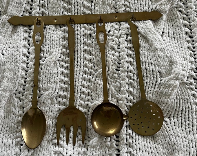 Vintage Brass Utensil Set With Hanger, Retro Brass Kitchen Decor, Boho