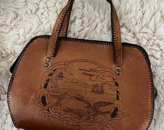 Leather Top Handle Boho Handbag | Retro Hippie Hand Tooled Leather Bag