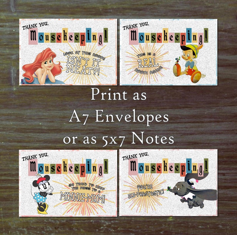 DIY Mousekeeping Envelopes { or 5x7 notes } DIY Mousekeeping Disney Vacation Tips Cards Notes Disneyland Hotel Resort California Anaheim