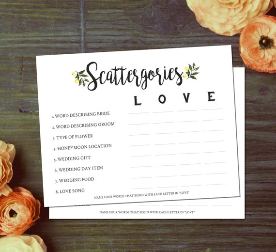 Printable Bridal Shower Scattergories Printable Bridal