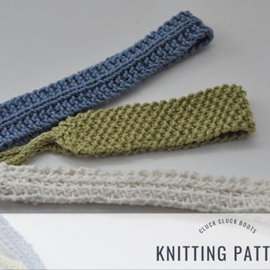 May include: Three knitted headbands in different colors: light blue, light green, and white. The headbands are all made with a simple knit stitch and have a long, thin shape. The text "Cluck Cluck Boots Knitting Pattern" is visible at the bottom of the image.