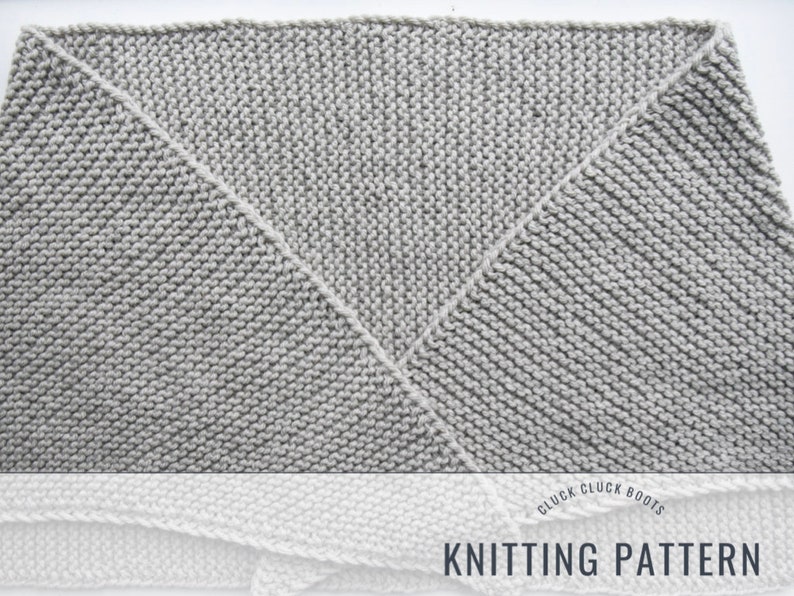 May include: Knitting pattern for a gray and white triangular shawl. The pattern is called "Cluck Cluck Boots".