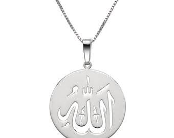 Round Plate Allah Pendant w. Box Chain .925 Sterling silver
