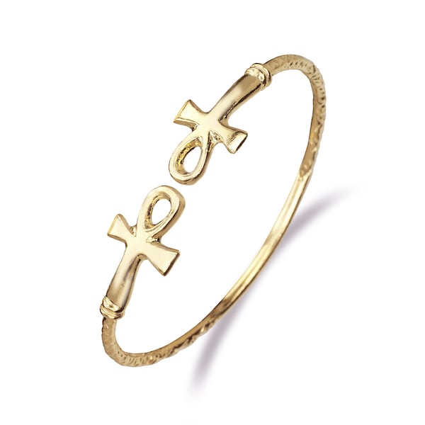 Solid .925 Sterling Silver Ankh Cross Ends West Indian Bangle Plated with 14K Gold, Egyptian Jewelry, 1 piece