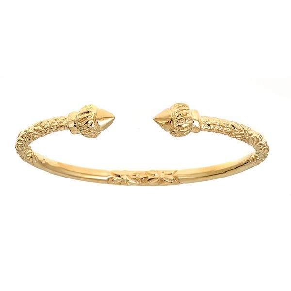 Solid .925 Sterling Silver Ridged Arrow Ends Thick West Indian Bangle Plated with 14K Gold, 1 piece