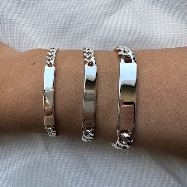 Customized Sterling Silver Curb ID Link Name Bracelet with Free Engraving for Kids, Men and Women