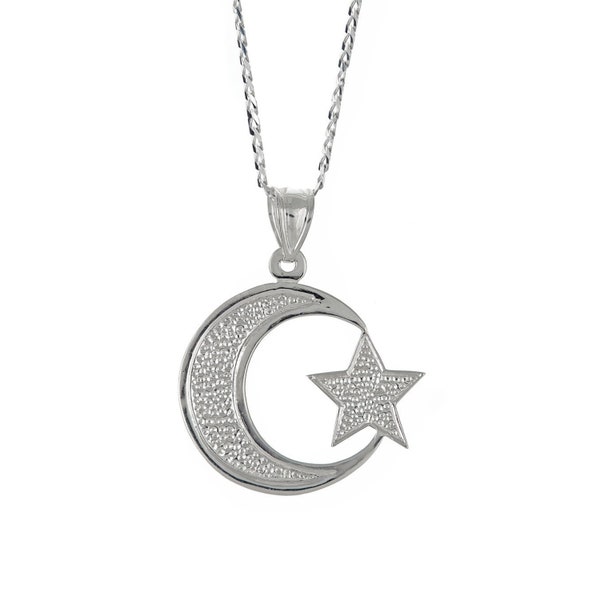 Sterling Silver .925  Muslim / Islam Crescent Moon + Star Pendant w. Cuban Chain, Islamic Muslim Pendant Necklace (Made in the USA)