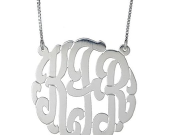 LARGE .925 Sterling Silver Custom Three Letter Monogram Pendant Necklace (1.5")