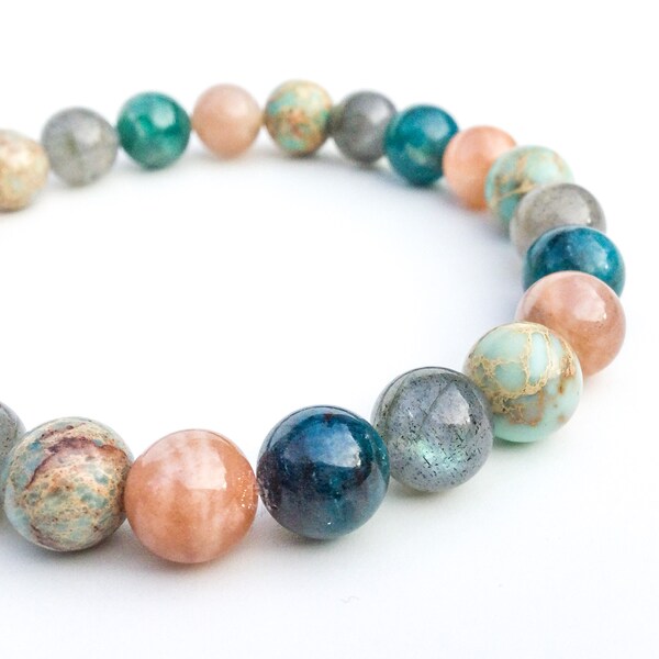 Pulsera en jaspe de apatita labradorita y piedra solar hecha a mano con piedras naturales, regalo para amigo