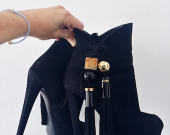 Louis Vuitton open-toe ankle boots with 14cm heels in genuine soft suede with Y2K jeweled charm tassels