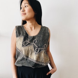 Vintage tie dye top, tank top in washed denim 90s