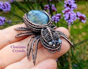 Labradorite Spider Pendant Necklace: Copper Wire Arachnid Jewelry