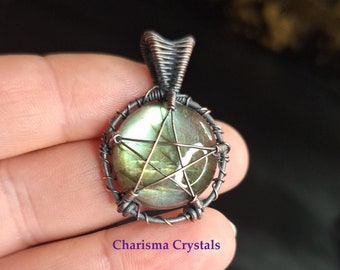 Labradorite Crystal Pentacle Pendant Necklace, pentagram necklace, Pagan wiccan jewellery, Witchcraft, Halloween jewelry, Supernatural,