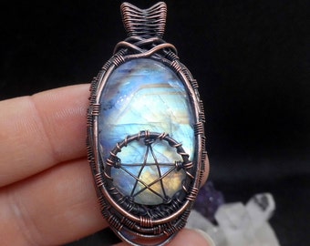 Rainbow Moonstone Pentacle pendant Necklace, pentagram necklace, moonstone jewelry, pagan jewelry, Witchy gift, wiccan jewelry