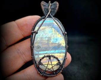 Rainbow Moonstone Pentacle Pendant: Weaved Copper Wire Necklace