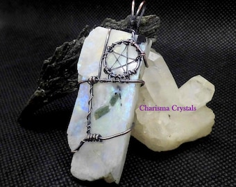 Rainbow Moonstone Pentacle Pendant: Woven Copper Wire, Pagan Necklace