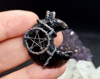Obsidian moon pentacle pendant necklace, Pagan jewelry, Pagan necklace, Dragon glass, Obsidian Crystal Pendant, Raw crystal, Pentagram star,