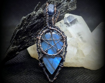 Labradorite Pentacle Necklace, Wire Wrapped Copper Halloween Pendant, Handmade Witchy Witchcraft Gift, Pagan Wiccan Jewellery,