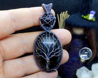 Goldstone black Onyx tree of life pentacle Pendant necklace, yggdrasil tree, Pagan jewelry, Witchy gift,  Celtic jewelry