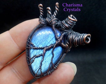 Labradorite crystal Anatomical heart pendant necklace, Anatomy gift, Medical Surgeon Cardiologist gifts, Gothic Vampire necklace,