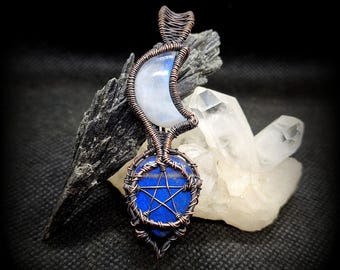 Labradorite Moonstone Moon Pentacle Pendant Necklace, pentagram necklace, Pagan Jewellery, Witchcraft, Witchy gift,