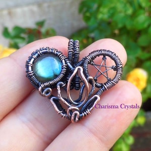 Labradorite pentacle heart lotus pendant necklace, Pentagram necklace, Valentines heart necklace, Girlfriend gift, Gifts for her,
