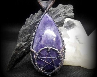 Lepidolite Crystal Pentacle Necklace, Wire wrapped Halloween Pendant, Handmade Witchy Witch Witchcraft Gift, Pagan Wiccan Jewellery,