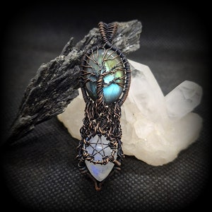Labradorite Moonstone Tree of Life Pentacle Pendant: Oxidized Copper Yggdrasil Jewelry