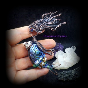 Abalone Pearl Mermaid Pendant Necklace: Oxidized Copper Wire Jewelry