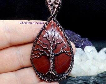 Red Jasper Tree Of Life Pendant Necklace, Blood red jasper, Crystal Jewellery, Pagan jewelry, Red jasper necklace, Statement Necklace,