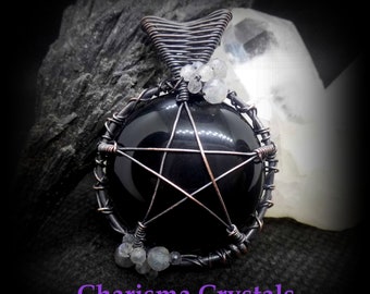 Black Obsidian Labradorite Pentacle Pendant Necklace, Halloween jewellery, Pagan necklace, Occult, Pentagram necklace, Supernatural,