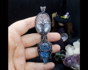 Blue labradorite and clear quartz tree of life pentacle Pendant, Yggdrasil tree, Tree of life jewellery, Labradorite jewelry,