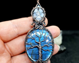 Labradorite and Moonstone tree of life pentacle Pendant, Crystal Necklace, Yggdrasil, Pagan Wiccan jewelry, Witchy gift,