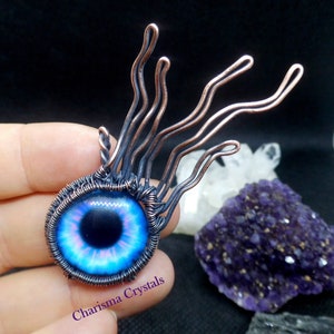 Blue & Pink Eyeball Pendant: Oxidized Copper Wire Wrapped Necklace