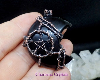 Obsidian pentacle pendant necklace, Pagan jewelry, Pagan necklace, Dragon glass, Obsidian Crystal Pendant, Raw crystal, Pentagram star,