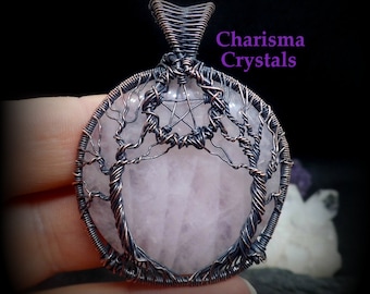 Rose quartz tree of life pentacle pendant necklace, Pagan jewellery necklace, Pentagram star, Yggdrasil,